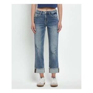 Lovervet by Vervet Womens High Rise Distressed Straight Leg Cuffed Jeans 28